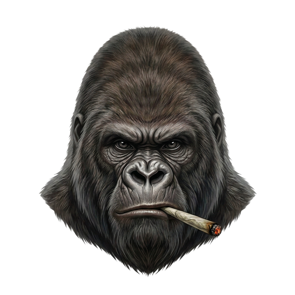 Gorilla Glue logo: gorillakop met joint